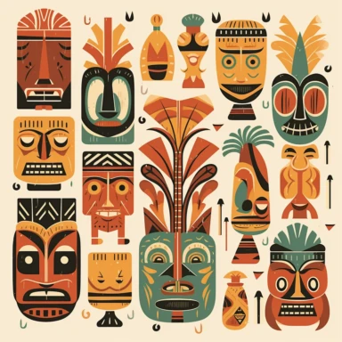 Create a series of captivating Tiki pattern clipart illustrations featuring dynamic and stylized designs. Draw inspiration from the iconic Tiki culture and its representation in mid-century modern aesthetics. Use bold lines and geometric shapes to create visually striking patterns that can be used for a variety of applications. Incorporate a warm and earthy color palette, including shades of brown, gold, and fiery reds, to convey the spirit of tropical paradise. These versatile clipart images ar