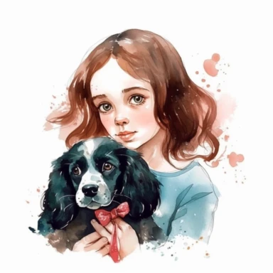 baby love spaniel,girl with a dog, love dog, cute, Watercolor Clipart high quality, white background , cute, love , love animals