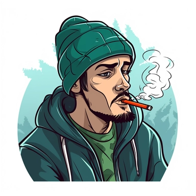 very cartoony animated stoner smoking a blunt with a beanie on, clipart