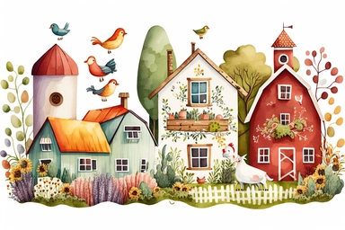 Cute and whimsical farm houses, colorful, Watercolored illustration in the style of Michael Powell, clipart, white background