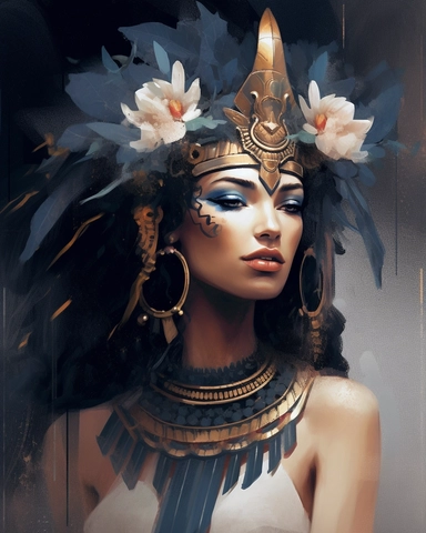 beautiful watercolour illustration, clipart, ancient egyptian goddess with traditional dark kohl eye makeup, egyptian style, commanding smile, touches of realism mixed with mystical and fantasy elements, uhd, realistic detail, egyptian colour schemes, 32k