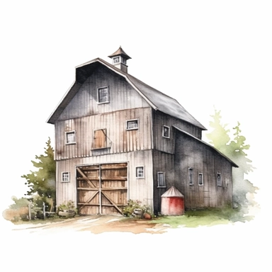 clipart, Watercolour, hand drawn, highly realistic, muted tones, beautiful, farm barn, whole barn, white background, just barn nothing else