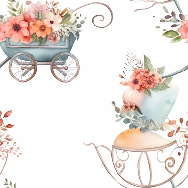 Draw a watercolor-style clip art images that feature objects related to an aesthetic adorned with floral designs. The images should have aesthetic, and should incorporate elements such as watercolor [gold] whimsical and cute illustration in watercolor of baby stroller (https://cdn.midjourney.com/152d87ad-3fb9-4f89-9efc-4d84587ab96c/0_1.png) with black ornaments , in a Scandinavian folk art style with botanical and swirl motifs. light pink gold colors Traditional with a modern twist watercolorite