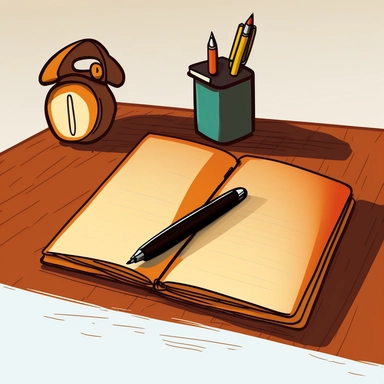 a diary and a pen lying on a desk, simple, clipart style