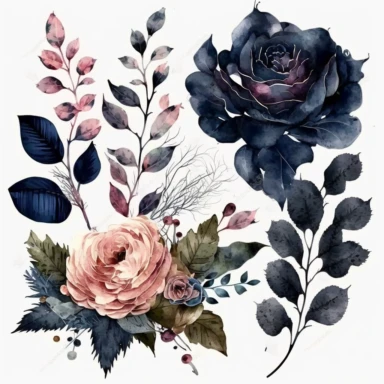 Watercolor illustration of navy blue and pink roses clipart with some wild leaves and florals isolated cozy object on white background, magical colors, white background, watercolor, hyperrealism, high detail, isolated elements, clipart