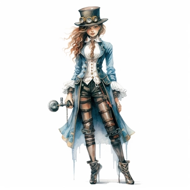 steampunk victorian girl prototype, full body, watercolor, gears, pinions, calipers, clocks, rivets, top hat, clipart, duo tone, realistic, ultra resolution, vivid detail, 8k, minimal watercolors, white background