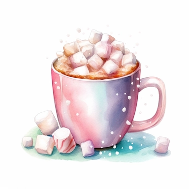 christmas themed coffee mug with foam and white marshmallows on the top, watercolor clipart, attention to detail