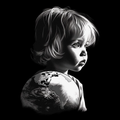 beautiful sketch of a cute child with planet Earth instead of his irises, simple unicolor white clipart, hd, on black background, spaced out,--ar 3:2