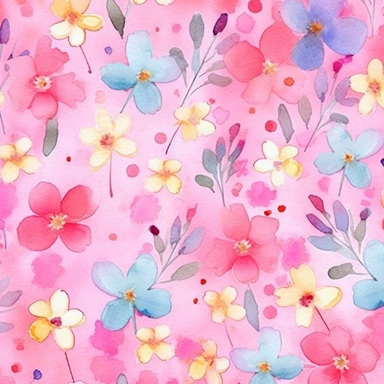 Create a charming watercolor pattern for a background featuring clipart-style small density flowers. The watercolor effect should add a soft and artistic touch to the pattern, creating a visually pleasing and organic appearance. Incorporate a variety of small density flowers, each with unique shapes and colors, to add depth and visual interest to the pattern. Pay attention to the distribution and arrangement of the flowers, ensuring a balanced and harmonious composition. The pattern should be ve