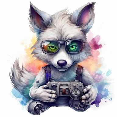 detailed, high-resolution HDR clipart image with a white background of a cartoon style, gamer, wolf, watercolor, painting, art image, very cute, adorable, floral, bigeyes, Soffer, cool looking, HDR, high-resolution, shimmering, shining, glittering, beautiful, colourful