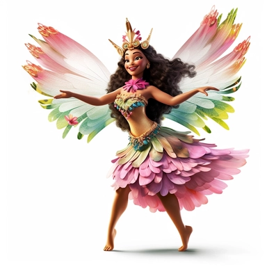 a beautiful happy fairy, hawaiian hulu dancer, full body image, big wings, clipart, white background