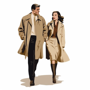 simple clipart of an attractive couple, both slim, the man wearing a trenchcoat and the woman wearing light coat, walking toward the viewer, similar to the iconic image used on the J. Peterman catalog, make the image so it is oval, like an icon type image
