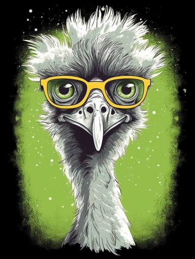 a portrait of a Emu wearing a white shirt and glasses, looking tired and done with life, vector illustration, clipart, outlines, portrait,