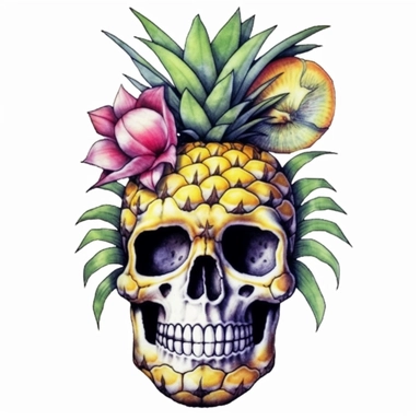 watercolor pineapple skull with flowers and other things on it, in the style of tropical symbolism, kawaiipunk, strong use of color, wrapped, dimensional illusion, pseudo-realistic, clowncore Clipart desert cartoon t-shirt graphic, vector,contour, isolated on a white background