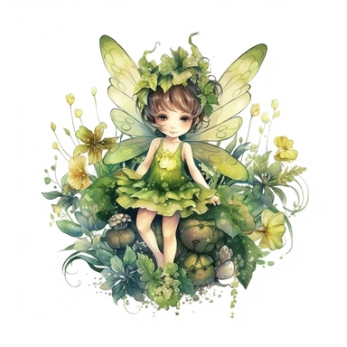 adorable fairy angel in lush green landscape, small flower bloom, cute character, watercolor styles, high definition, Sublimation Clipart,hyper realistic, intricate detail, illustration style, isolated on white background for removing background