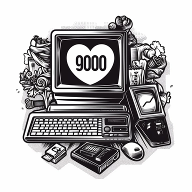 Create a 2-dimensional bitmap clip art image in black and white style of a classic 90s computer. The screen of the computer should contain the text I Love the 90s