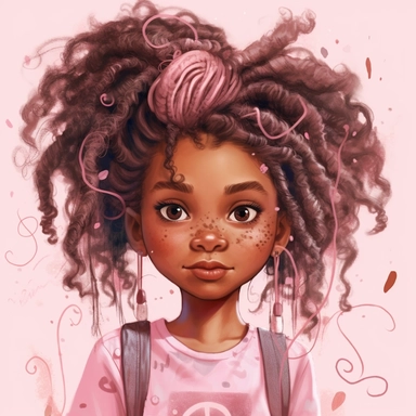 cute little american black girl, messy long pink modern hair, brown eyes, face, portrait, different expressions, clipart, high resolution, sarah kay style