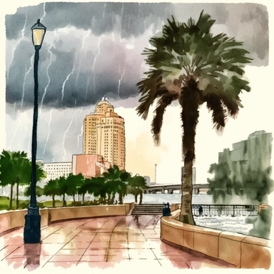 watercolor downtown Tampa riverwalk with thunderstorm clipart