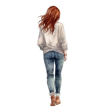 Back view full body tall 50-year old woman with dark auburn hair wearing jeans and a long - sleeve shirt under a t-shirt, watercolor, and ink drawing, clipart, beautiful watercolor ink wash coloring, thick pencil lines, Jon klassen, Adrian tomine, popular on etsy, watercolor illustrations clipart, watercolor illustrations for kids, white background