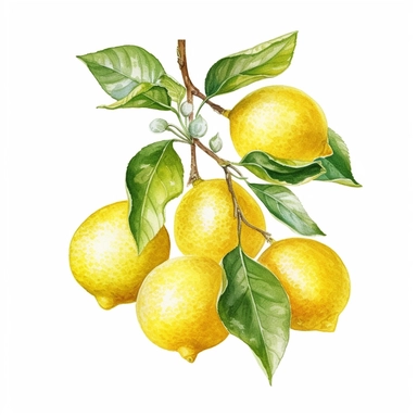 Watercolor clipart very detailed lemon branch with leaves. White background