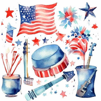4th of July, watercolor clip art AR 3:2