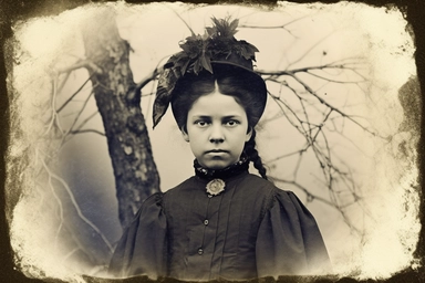 Sinister Victorian photo of a young witch, daguerrotype, clipart, spaced out, hd,