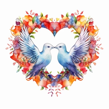 rainbow watercolor clipart of wedding doves kissing inside a floral heart wreath, colored ink illustration, good composition, vector, contour, isolated white background, 26k
