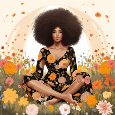 llustration of black woman, with an afro, boho modern aesthetic, cottagecore, avacadopunk, surrounded by florals, sitting in a meadow, flawless line work, low detail, clipart, white background