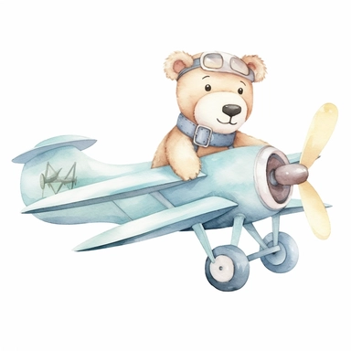 adorable light blue teddy bear flying an aeroplane, hand painted, watercolor, clipart, white background