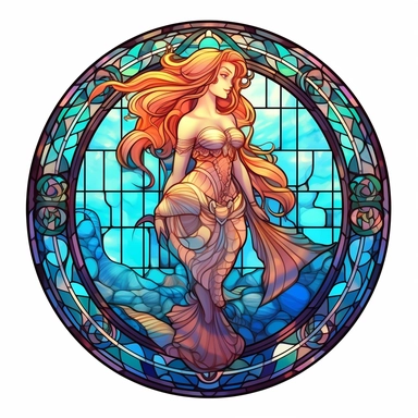 a stained glass glowing mermaid with glowing lights on her scales, delicate detail, manhwa character design, in the style of artgerm, 2d game art, quadratura, clipart, on white blackground, circular shape,