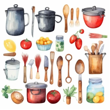 A set of charming watercolor clipart images featuring various kitchen items and utensils, painted in warm and muted shades of red, yellow, green, and blue, with delicate brushstrokes adding texture and depth. The clipart includes pots, pans, wooden spoons, knives, and other cooking essentials, set against a white background. Watercolor painting, using high-quality watercolor paper, fine brushes, and various shades of paint pigments.
