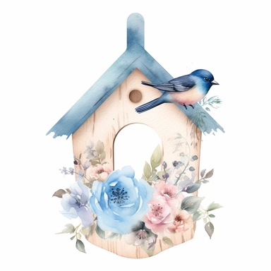 Watercolor bird house shaped tag with light blue florals white background clipart