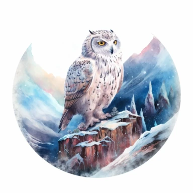 a snow owl clipart, oil painting and alcohol ink illustration, circular magical snowing mountain background, fantasy and magical, snowing, standing on a rock, with small plants on the side of the rock, uhd, close-up lens, on white background