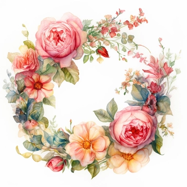 Watercolor Painting of BEAUTIFUL WREATH WITH Rose FLOWERS on white background beautiful multi - headed pale, DETAILED ILUSTRATION, Flora Design Patterns, Flemish Baroque by Rachel Ruysch, Behance, Rococo, Intricate Detailed, Soft Light Effect, Oil Paint Strokes, Light Academia Aesthetic Flowers, Lighting cinematic, all shown shimmering stamens, tyndall light, texture, colorful, 8k, fantasy, ray tracing, vivid, spectacular lighting, octane rendering, highly detailed, ultra - realistic, white back