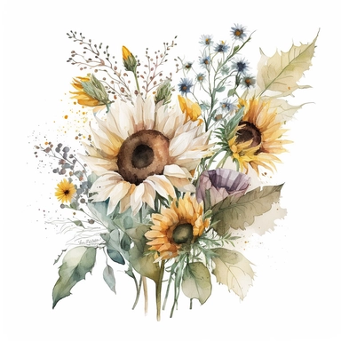 watercolour sunflower clipart floral bouquet, white background, no text