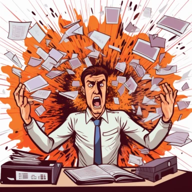 Design a clipart set depicting an office worker with an exploding mind and stacks of paperwork in the background. The office worker should be positioned on the center of the clipart with outstretched hands and a facial expression of stress and overwhelm. The exploding mind could be represented by a thought bubble with explosions, or lightbulbs bursting and scattering sparks. The paperwork in the background could be stacks of documents piled high on the desk or wall, highlighting the worker's hea
