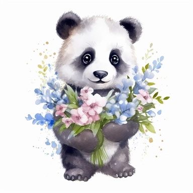 watercolor clipart image of a happy looking baby panda holding some flowers, disney style, white background, no shading