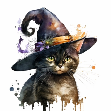 cute scary halloween cat watercolor clipart with witch hat high quality many details white background