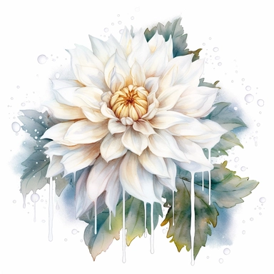 Watercolor snow clean white dahlia clipart on a white background in the style of feminine sticker art, Tanya Shatseva, storybook illustration, pure and pristine shades, Georgia O'Keeffe, flower and nature motifs, colored line art, colored outlines, cottagecore design, watercolor on white background, ombre, warm tones, colored line art, colored outlines, iridescent ombre, gradient shading, winter snow tone, vibrant digital art oil paint photorealism, an illustration of a colored flower, meticulou