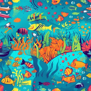 A delightful pattern for a children's t-shirt design featuring an enchanting underwater scenery. Colorful fishes of various shapes and sizes swim among vibrant aquatic plants, while a cheerful diver explores the depths with a smile on their face. The design is created in a playful clipart style, with bold lines and bright colors, creating a fun and imaginative scene that captures the wonders of the ocean, perfect for adorning children's t-shirts and sparking their curiosity about marine life.