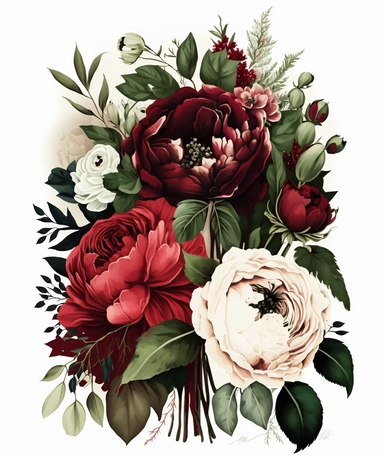 Tall floral bouquet in crimson, white, and black, reminiscent of Alabama University colors, depicted in a watercolor clipart. The flowers are large and bold, featuring roses, peonies, and poppies, with delicate green leaves and stems interspersed throughout