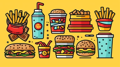 fast food vector clipart vector fast food cute collection, in the style of #screenshotsaturday, flat areas of color, flat color blocks, 1970–present, rough-edged 2d animation, lightbox, colorful animation stills