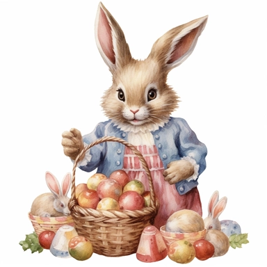 vintage a hyper-detailed photorealistic realistic photo of a Watercolor Vintage cute female Easter Bunny wearing clothes arranging the eggs and candies in the baskets Clipart . white background . png