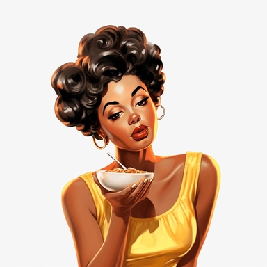 vintage 1950s illustration black woman eating Clipart, on a white background, vintage aesthetic, character focus, 4K resolution, no background, realistic rendering, use using Cinema 4D