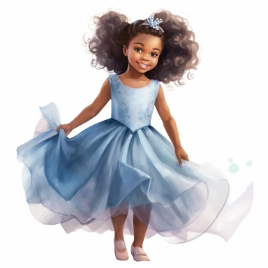 vintage adorable realistic happy full body little black girl in blue princess dress, clipart style, watercolor technique, super high quality, professional watercolor clipart, high resolution