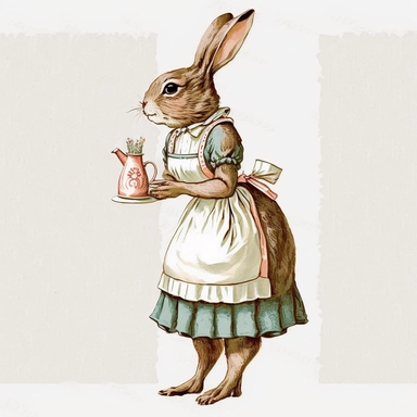 Side Profile Bunny Maid Wearing Apron holding Tea Cutlery Illustration, 1920s Illustration, Vintage, Antique, Ephemera, Clipart, 8k, Isolated on white