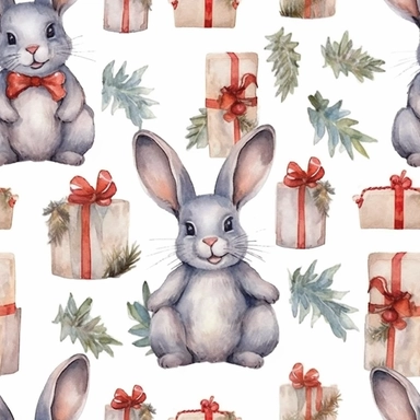 Seamless pattern, Watercolor realistic clipart, christmas bunny