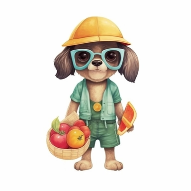 Summer cute cartoon dog dressed for summer, clipart, watercolor illustration for kid, white background
