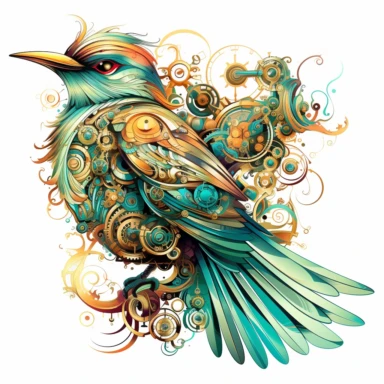clipart, isolated on white background, a bird with bold colors, in the style of detailed science fiction illustrations, ivory, mysterious backdrops, quadratura, fairycore, wimmelbilder, fantastical machines