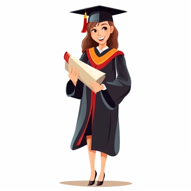 female student graduating happily wearing academic attire, gowns or robes and graduation caps and holding diplomas, vector, clip art, single design, clean line, white background